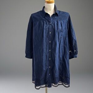 LOFT Navy Button-Up Eyelet Top